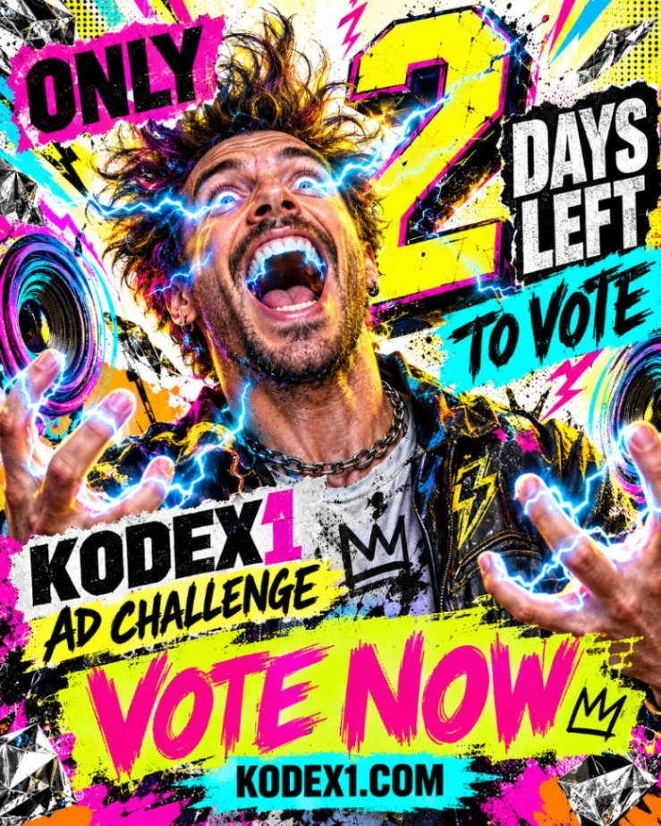Kodex1dotcom's tweet photo. Only 2 days left to vote in the Kodex1 Coliseum AD Challenge.
9 entries. 3 cash prizes.
Pick your favourite. Help them win.
https://t.co/q9WAdN44Mh
#kodex1 #aimovie #aiart #aibattle #aivideo https://t.co/MdR55KGcnW