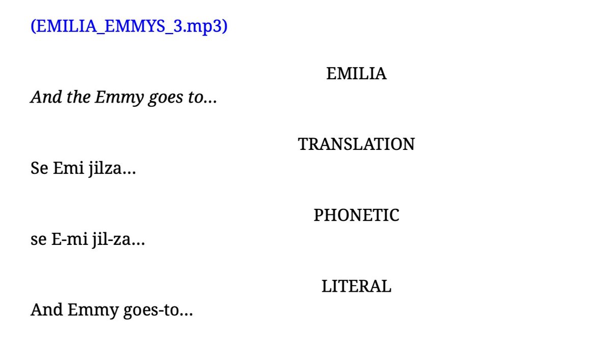 westerosies's tweet photo. Transcript of Emilia Clarke’s High Valyrian speech at the #Emmys: 

“It is an honor and a privilege to be amongst you all. Emmy nominees and winners—television royalty who sit proudly on the Iron Throne that is television—on this wonderful evening. And the Emmy goes to...” https://t.co/xDmWXH7CR7