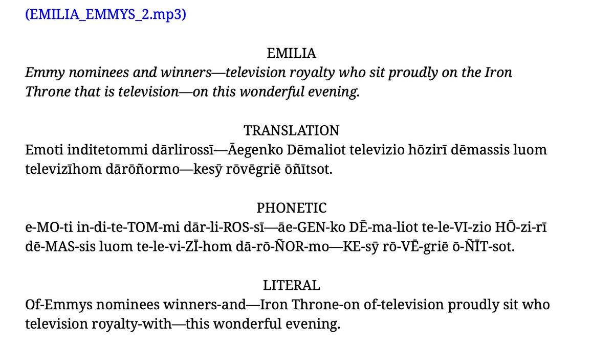 westerosies's tweet photo. Transcript of Emilia Clarke’s High Valyrian speech at the #Emmys: 

“It is an honor and a privilege to be amongst you all. Emmy nominees and winners—television royalty who sit proudly on the Iron Throne that is television—on this wonderful evening. And the Emmy goes to...” https://t.co/xDmWXH7CR7