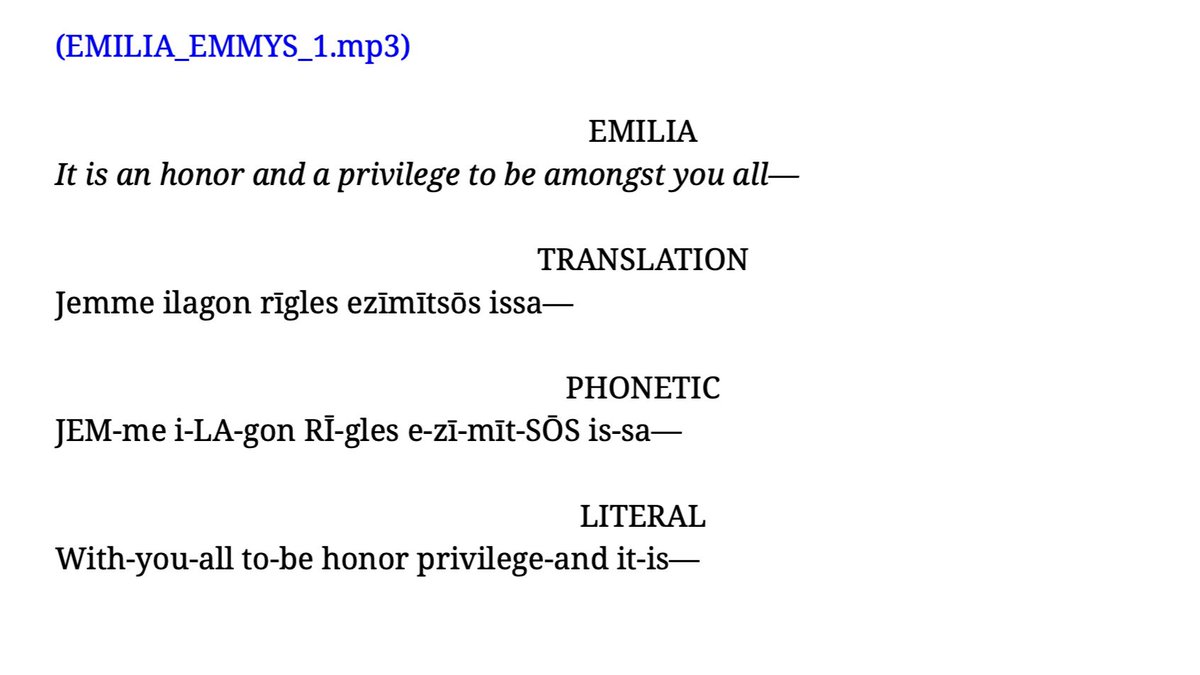 westerosies's tweet photo. Transcript of Emilia Clarke’s High Valyrian speech at the #Emmys: 

“It is an honor and a privilege to be amongst you all. Emmy nominees and winners—television royalty who sit proudly on the Iron Throne that is television—on this wonderful evening. And the Emmy goes to...” https://t.co/xDmWXH7CR7