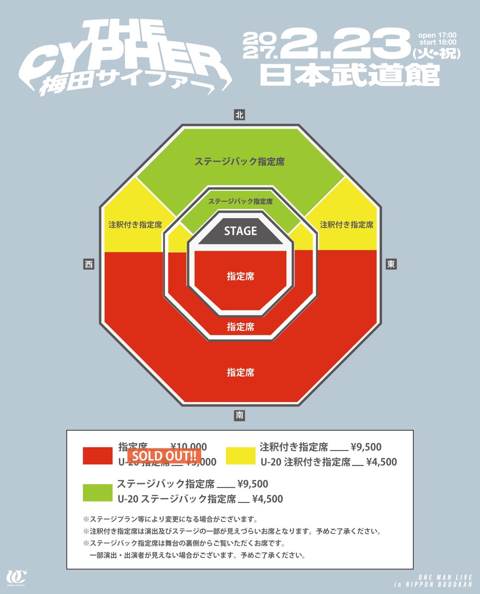 umeda_cypher's tweet photo. /／
🔊指定席完売!!
\＼

梅田サイファー 日本武道館公演、指定席は完売となりました!!
指定席完売につき注釈付き指定席、ステージバックの販売が決定!!

『THE CYPHER in 日本武道館』

♢日時
2027年2月23日(火・祝)
OPEN 17:00 / START 18:00

♢チケット
https://t.co/UOi5VBGKFH

#UC武道館 https://t.co/tBYB6qaSM0