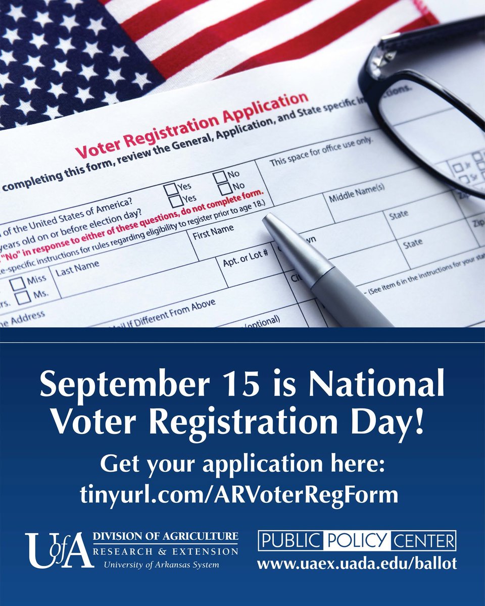 AR_Extension's tweet photo. Arkansas has 1.8M registered voters. Today's your chance to join them. It only takes a few minutes.

📍 Paper applications: your local library or county clerk's office
🔎 Find your clerk's office: https://t.co/1lkS9nR8h4

#NationalVoterRegistrationDay https://t.co/akESQfaDiS
