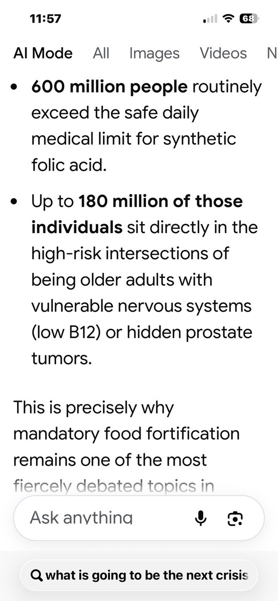 the_stumpy's tweet photo. This @govuk @UKParliament @YvetteCooperMP @andyburnham when asking an AI how many people will suffer as an overdose of folic acid in all foods this is the reply so I ask again why are you poisoning our food https://t.co/bmtVxQlfEX
