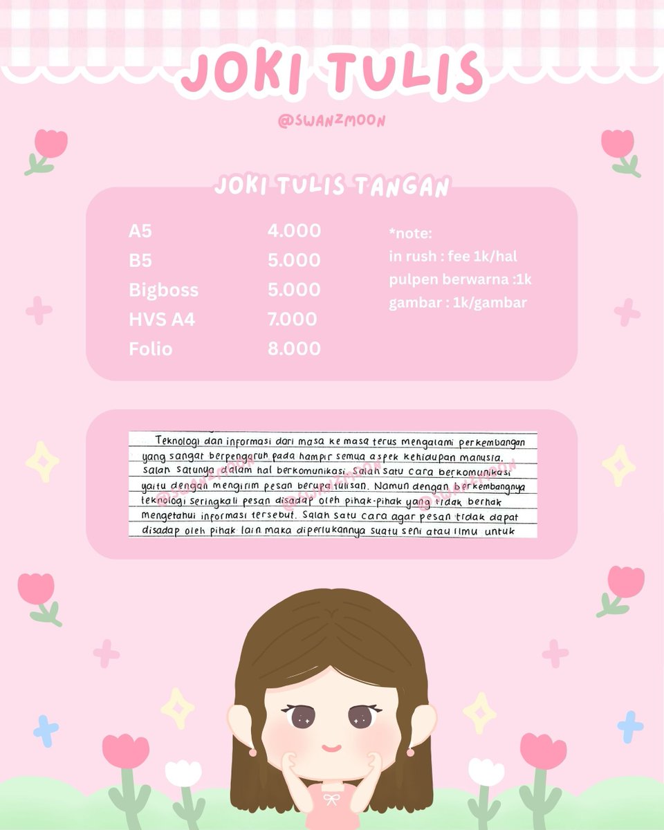 swanzmoon's tweet photo. haloo aku open joki tulis tangan yaa, yang mau langsung chat di bio yaa, mau tanya tanya dulu boleh

#zonauang https://t.co/ihp28ObdSN