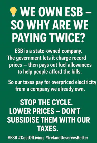 WatchdogTh96012's tweet photo. ESB IS IRISH STATE OWNED.
It made profits last year of €636 million.  It paid its CEO €410K.  Yet Irish households are paying some of the highest electricity prices in the world.  If the Gov took action, reduced the prices/levies/taxation.  It would also force down competitors. https://t.co/YQUsvrxZBO