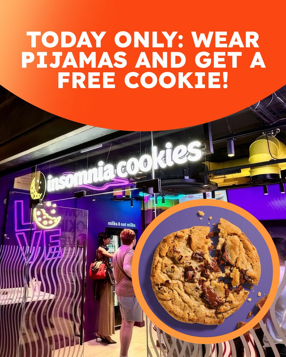 dealseek's tweet photo. Wear your PJs to Insomnia Cookies TODAY, Sept. 15, from 8 PM until close and get a FREE Classic Cookie! 🍪🥳
No purchase required🔥
#InsomniaCookies #FreeCookie #FreeFood https://t.co/ckLa7c6uU6