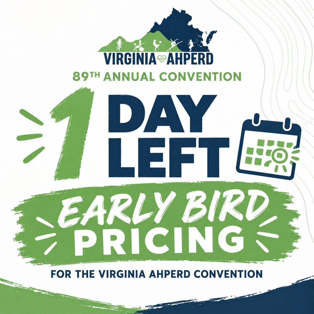 vahperd's tweet photo. Today is the LAST day for early-bird pricing.
 
Register before midnight for October 24 and 25 at E.C. Glass High School and pay $140 instead of $150. Students, $65 instead of $75

Register here: https://t.co/Sq1RUjhZc2 https://t.co/P5pNzfs7G5