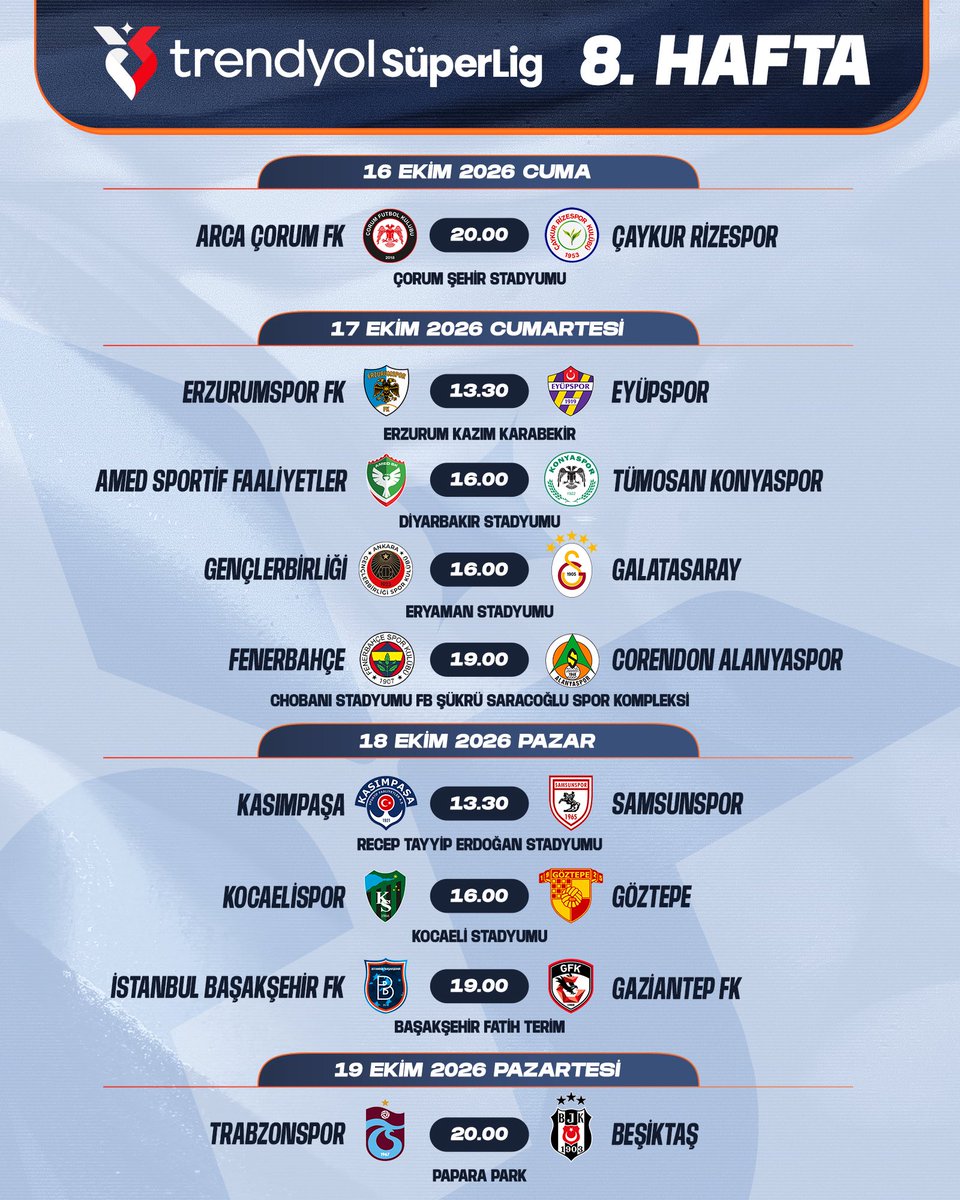 superlig's tweet photo. 2026-2027 Trendyol Süper Lig Adnan Süvari Sezonu 7 - 16. Hafta müsabakalarına ilişkin program belli oldu.

Trendyol Süper Lig'de 9. haftada oynanacak Galatasaray - Fenerbahçe müsabakası, T.C. İstanbul Valiliği İl Emniyet Müdürlüğü'nün 14 Eylül tarihli yazısı doğrultusunda, 25 Ekim 2026 Pazar günü İstanbul genelinde yapılacak yoğun etkinliklerde alınacak emniyet tedbirleri dikkate alınarak 26 Ekim 2026 Pazartesi gününe planlanmıştır.

Ziraat Türkiye Kupası'nda oluşacak eşleşmelere göre programda değişiklik yapılabilecektir.