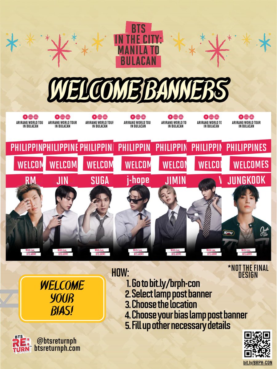BTSisBackInPH's tweet photo. 💜 LET’S WELCOME BTS TO THE PHILIPPINES! 🇵🇭

As BTS makes their way back to the Philippines for the ARIRANG WORLD TOUR IN BULACAN, let’s make sure they feel how excited and happy we are to have them home! 🥹💜

✨ WELCOME BTS THROUGH A LAMP POST BANNER! ✨

Put your love for your bias on display and let their faces light up the streets of Manila  to Bulacan as we welcome them on their way to Bulacan! 🌟

Donate here: https://t.co/t6BkNYPien

Let’s give BTS the warmest PH ARMY welcome they deserve! 🇵🇭💜

#BTSRE_TURNPH
