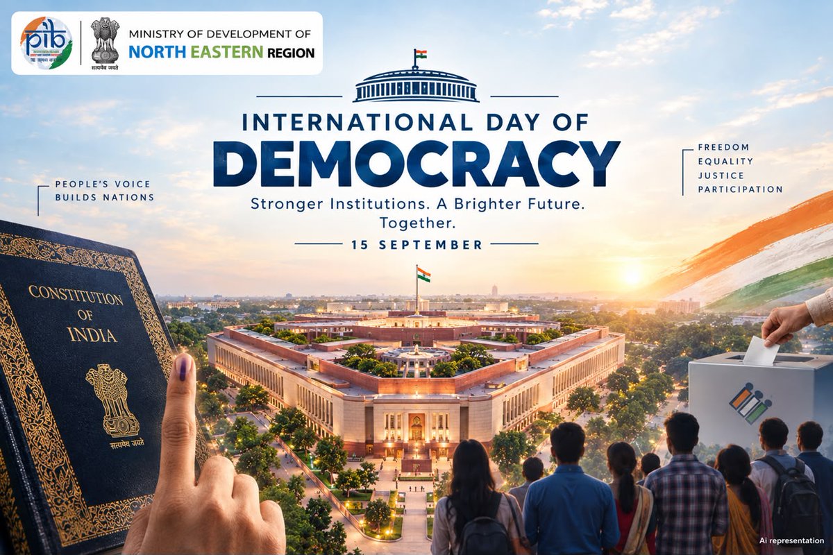 PIBDoNER's tweet photo. On #InternationalDayOfDemocracy, we celebrate values of freedom, equality, justice & participation that strengthen our democratic institutions. ๐ฎ๐ณ
Together, let us uphold the spirit of our Constitution and build a stronger, more inclusive India.
#Democracy #India #PIB_MDoNER https://t.co/nIdMNdgZ9M