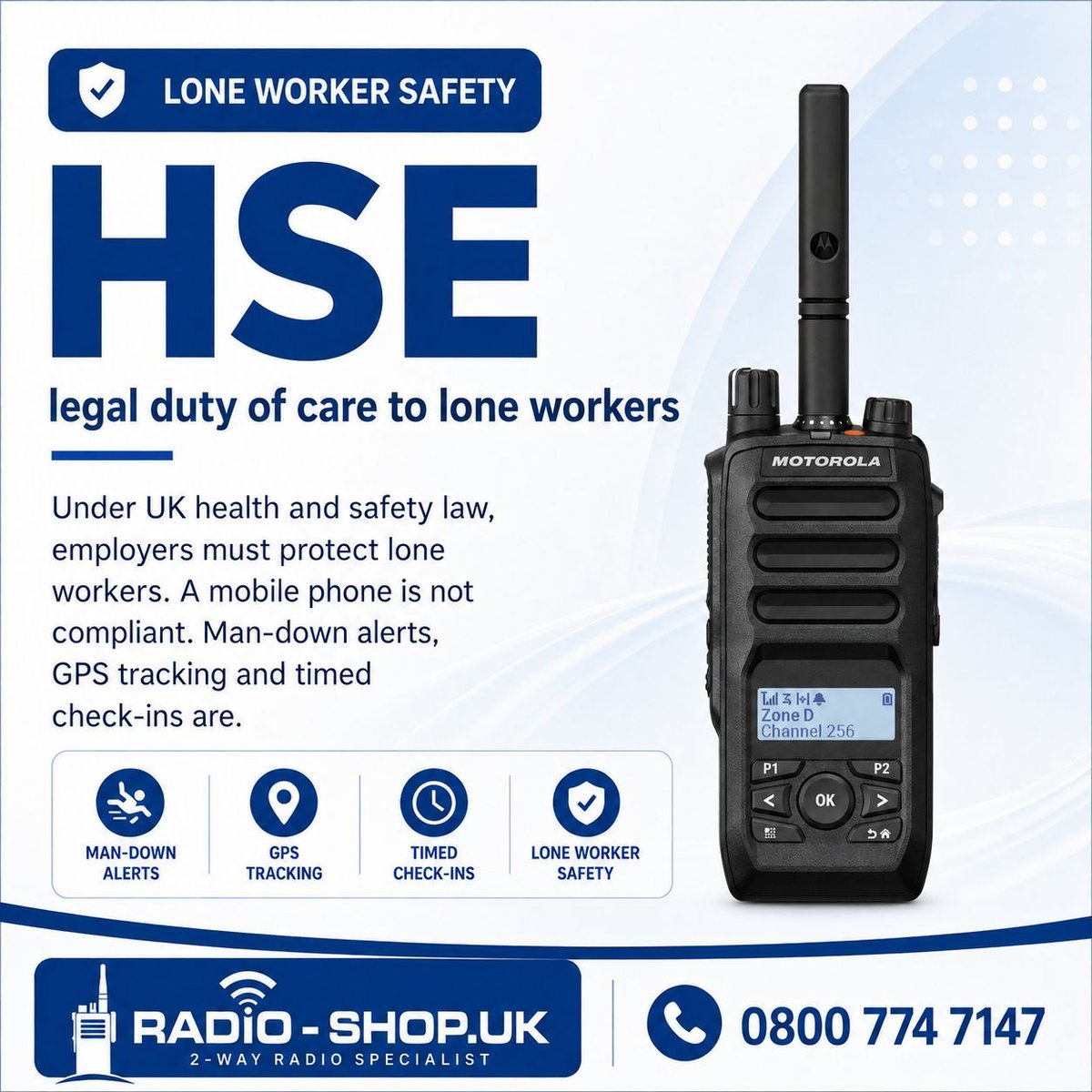 Radioshopuk's tweet photo. Lone worker safety tip:
A mobile phone is NOT a compliant lone worker solution.
You need:
🚨 Man-down alerts
⏱️ Timed check-ins
📍 GPS tracking
🆘 Emergency button
Radios with these features exist. We stock them.
https://t.co/PpTrU4rcCl
#LoneWorker #WorkplaceSafety #HSE #TwoWay https://t.co/sCBJEtcnsj