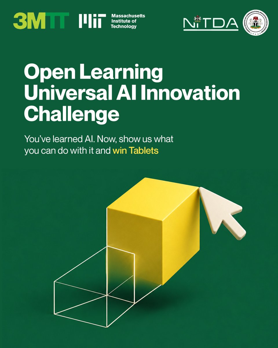 3MTTNigeria's tweet photo. Turn your AI learning into a working MVP! ๐
Open Learning Universal AI Innovation Challenge is here. No coding expert neededโbuild via no-code, low-code, or code.
Register & show your solution: https://t.co/Hs0gbAI0kK
#3MTT #MITOpenLearning https://t.co/tpK1HSKNQM