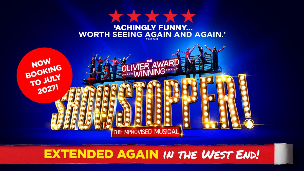 TheShowstoppers's tweet photo. ☎️ NEW WEST END DATES ALERT ☎️

Showstopper! The Improvised Musical has been extended in the West End until July 2027!

Excited for our FIFTH year (and SEVENTH extension) at the Cambridge Theatre @LWTheatres, our London home 😍

Keep scrolling for our 🦜early bird🦜 discount 👇 https://t.co/26NeYWLyeu