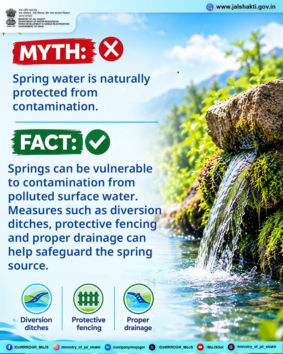 DoWRRDGR_MoJS's tweet photo. Protecting a spring goes beyond preserving its water source. Measures such as diversion ditches, fencing and proper drainage help prevent polluted surface water from reaching the spring, supporting cleaner and safer water flow.
#SpringProtection, #SpringRejuvenation, #WaterSourceProtection, #ContaminationPrevention, #DiversionDitches, #ProtectiveFencing, #WaterConservation, #SustainableWaterManagement
