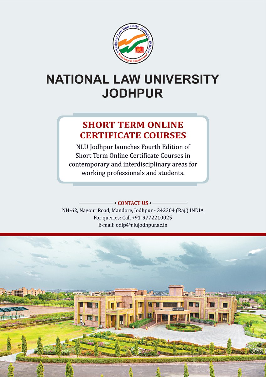 nlujofficial's tweet photo. The last date to register for National Law University Jodhpur’s fourth edition of Short Term Online Certificate Courses of 1-week and 12-weeks duration is 27th September, 2026.

The following courses are offered:
1.     General Liability and Cyber Crime Insurance (12 weeks)
2.     Introduction to Corporate Finance (12 weeks)
3.     Responsible AI (RAI) for Organisations (1 week)

For information brochure and other details, please visit the link below: https://t.co/CpznOw7BkV