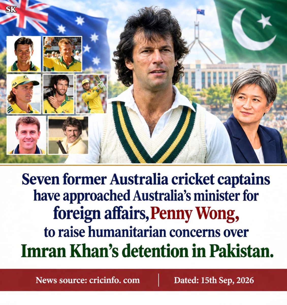 PTIofficial's tweet photo. From the first letter by 14 former international captains, to the second by 22, to voices from Pakistan’s own dressing room and now seven Australian former captains writing to Penny Wong, the cricket world continues to speak for the health and dignity of Imran Khan.

The letter sent to the minister was signed by Allan Border, Greg Chappell, Ian Chappell, Belinda Clark, Kim Hughes, Mark Taylor and Steve Waugh.

@SenatorWong
@GregChappellMBE
@CricketAus

#WorldSpeakingUpForKhan