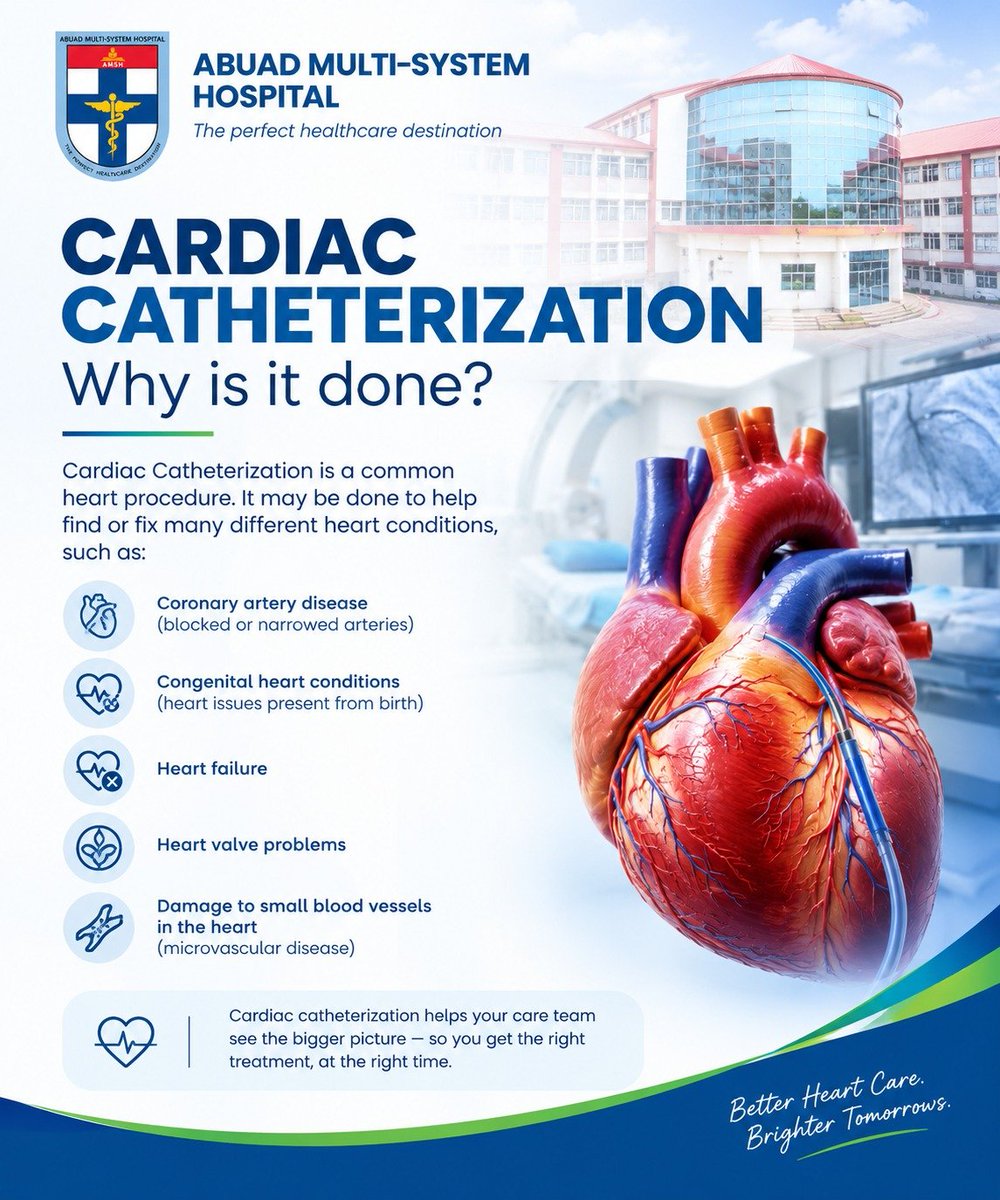 ABUADMSH's tweet photo. ❤️ Your Heart Deserves Expert Care

When your heart needs a closer look, cardiac catheterization can help provide valuable insight into the condition of your heart and blood vessels.

At ABUAD Multi-System Hospital, our Cardiovascular Centre offers advanced cardiac services, https://t.co/9OpzWTIRU9