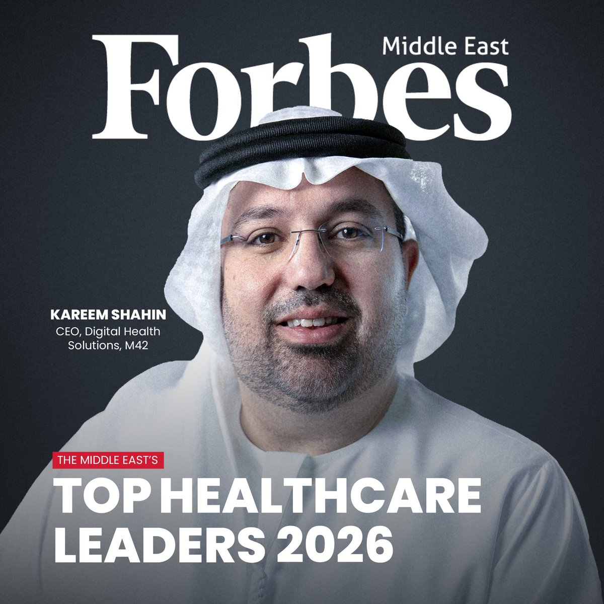 M42Health's tweet photo. M42's Kareem Shahin, CEO of Digital Health Solutions, has been named in Forbes Middle East’s Top 100 Healthcare Leaders 2026, recognizing his leadership in driving progress across the healthcare landscape.

#M42 #ForbesMiddleEast #Top100HealthcareLeaders #HealthcareLeaders https://t.co/37xF3XPvmr