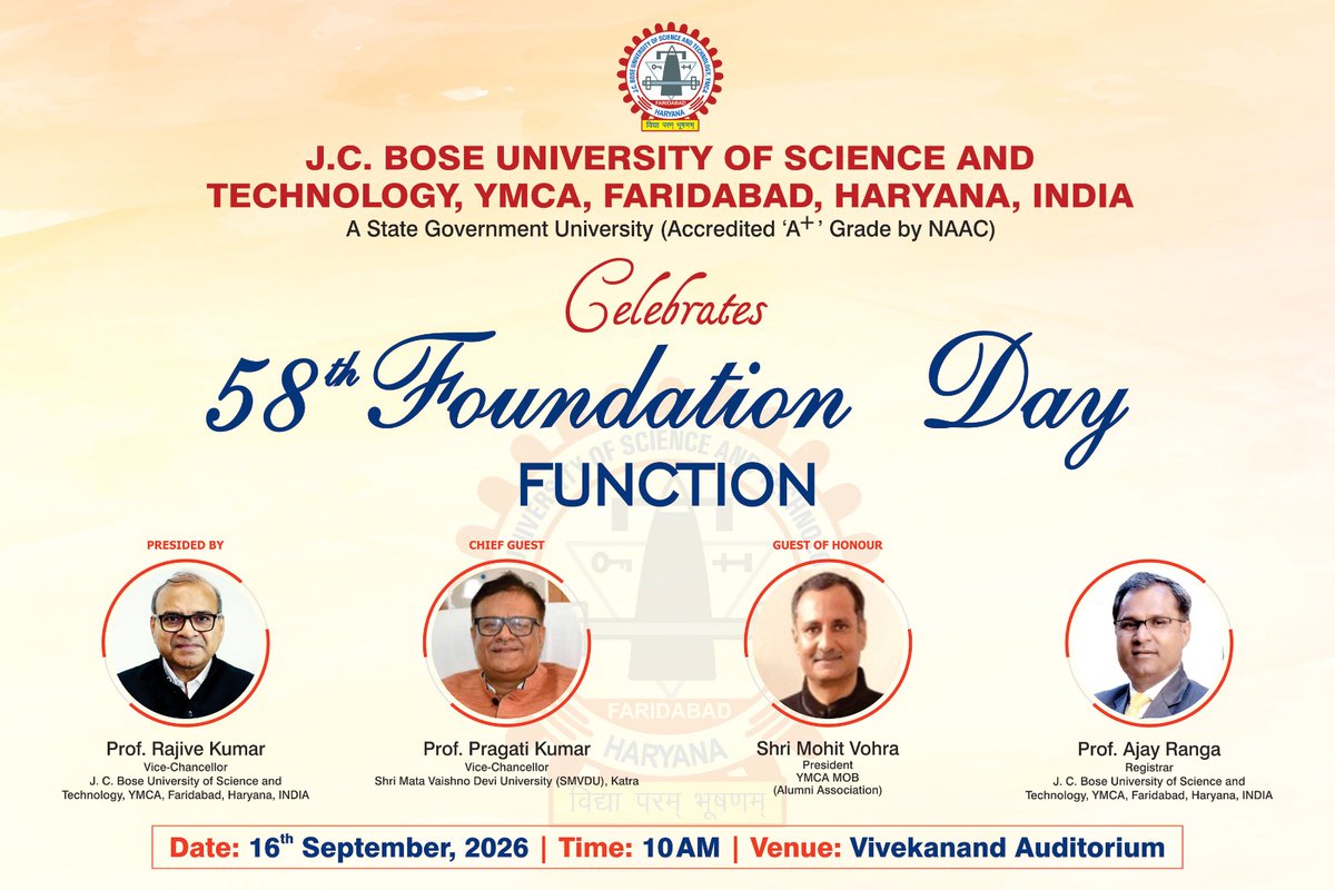 JCBoseUST's tweet photo. @JCBoseUST proudly celebrates its 58th Foundation Day with a special Foundation Day Function.

✨ A celebration of legacy, learning, innovation, and progress that continues to inspire generations.

📅 16th September 2026
⏰ 10:00 AM
📍 Vivekanand Auditorium

#FoundationDay https://t.co/i2S3jeq1G0
