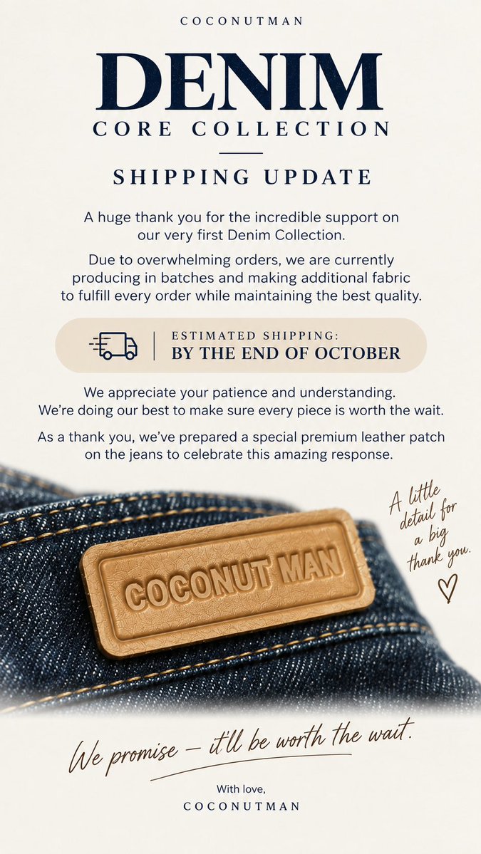 coconutman_ll's tweet photo. DENIM CORE COLLECTION
SHIPPING UPDATE

With orders far beyond expectations, we’re rushing production, cutting in batches and producing additional fabric to fulfill every order.

📦 Shipping by the end of October

We’re making every piece with care. 🤎 https://t.co/lTajSGLpjz