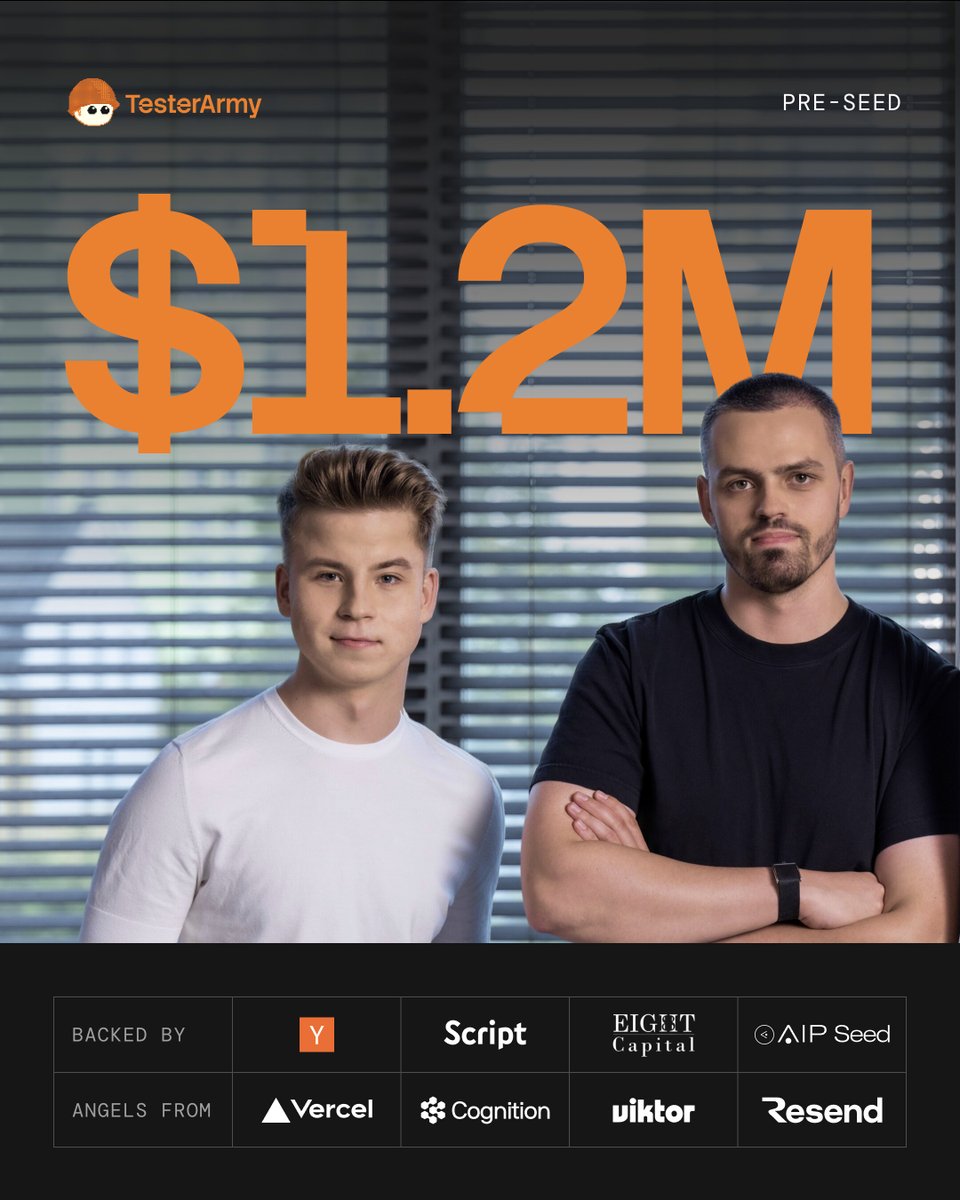 SzymonRybczak's tweet photo. We raised $1.2M in pre-seed funding for @TesterArmy!

Coding agents have changed how fast we build software. We're making sure testing keeps up.

TesterArmy's AI agents test web and mobile apps, run through real user flows, and show you what broke with screenshots and recordings. So you can catch bugs before your users do.

Backed by Script Capital, Eight Capital, AIP Seed, and angels including @rauchg, @ccheever, @walden_yan, @theo, @zenorocha, @pie6k, @fernandorojo, and many more incredible builders.

Thank you to everyone backing us and the teams already testing with TesterArmy.

We're just getting started! 🫡
