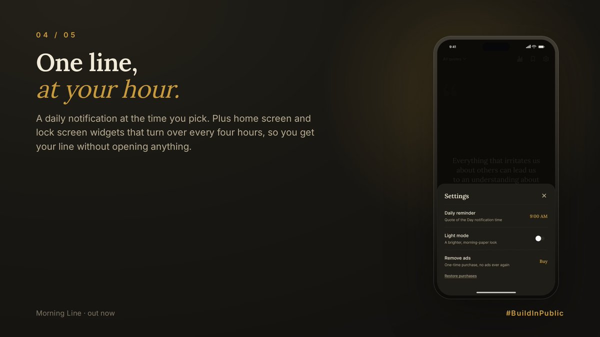 Radiator1305's tweet photo. Widgets were the fiddly part.

SwiftUI on iOS for the home screen and both lock screen sizes, a native provider on Android, one shared pool of quotes, rotating every four hours.

#BuildInPublic https://t.co/a6up2RcT1R