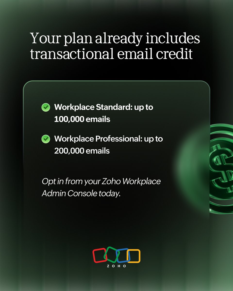 ZohoWorkplace's tweet photo. Your Zoho Workplace plan includes @ZohoZeptoMail credits. Just opt in to get started. OTPs, order confirmations, password resets—your apps can send them all from the same platform your team already uses.                                           

Swipe to see what's included.

#ZohoWorkplace #ZeptoMail #Zoho #BusinessEmail