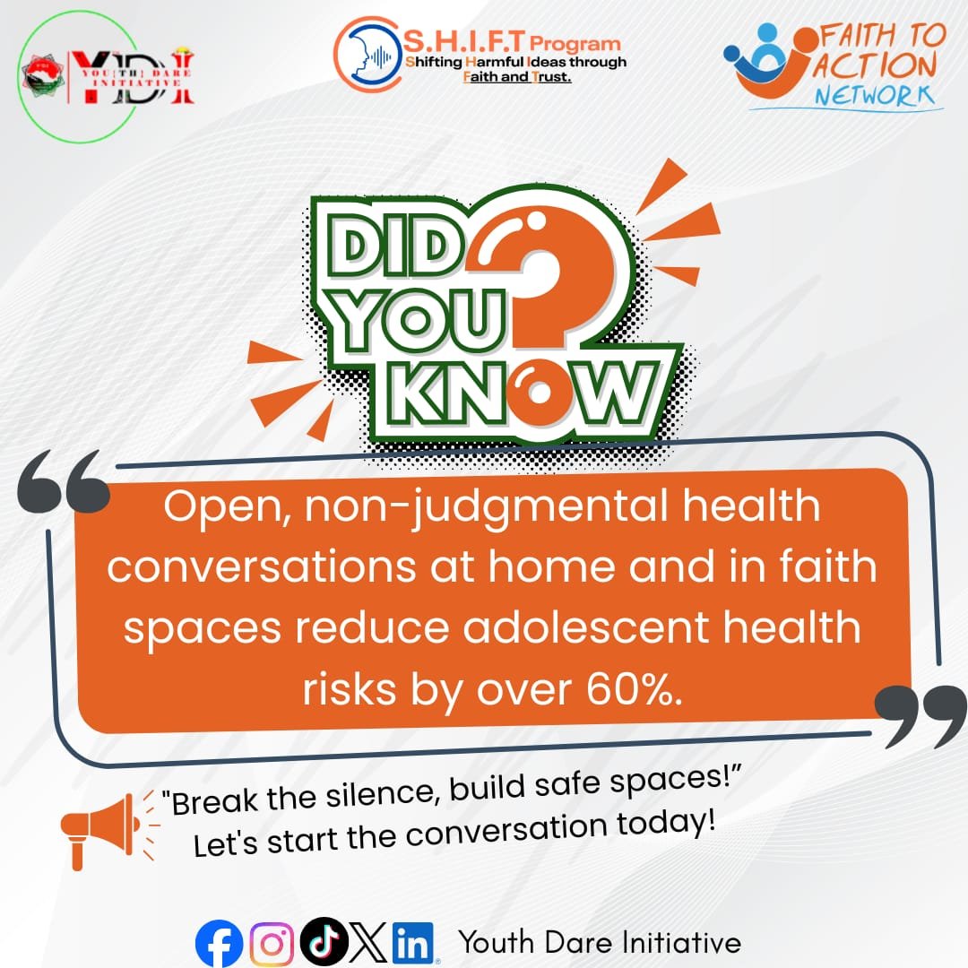Mutheu48's tweet photo. Open, non-judgmental health chats at home and in faith spaces reduce adolescent health risks by >60%. 💬 Let's break the silence and build safe spaces today
@Youth_Dare 
@FaithtoActionet 
#SHIFT003 #AdolescentHealth #YOUTHDARE #FaithChangeMakers #SacredSpacesSafeYouth https://t.co/aSHW3ZS7Io