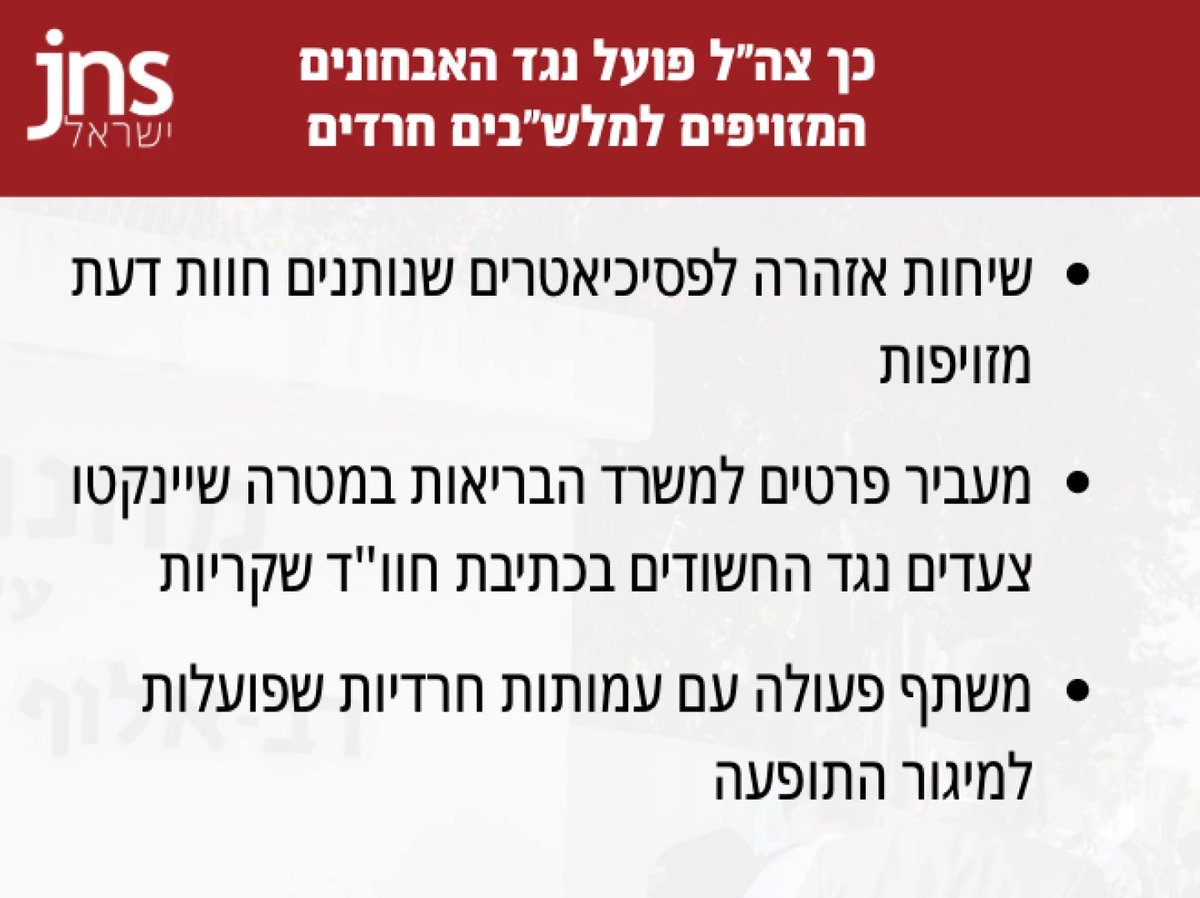 moshenoi's tweet photo. פרסום ראשון: כך צה"ל נלחם בתופעת החרדים שמגיעים ללשכות הגיוס - ומגלים שקיבלו פטור בלי ידיעתם

בצבא מבצעים בשנים האחרונות, באופן עקבי, שיחות אזהרה לפסיכיאטרים החשודים במתן חוות דעת מזויפות.

בנוסף, בצה״ל פנו באופן רוחבי לקהילה הפסיכיאטרית, והעבירו הודעות אזהרה בנוגע להגשת חוות דעת רפואיות למלש"בים חרדים.

כמו כן, צה"ל מעביר למשרד הבריאות את פרטיהם של אנשי מקצוע החשודים בכתיבת חוות דעת שקריות, על מנת שיטיל עליהם סנקציות מקצועיות.