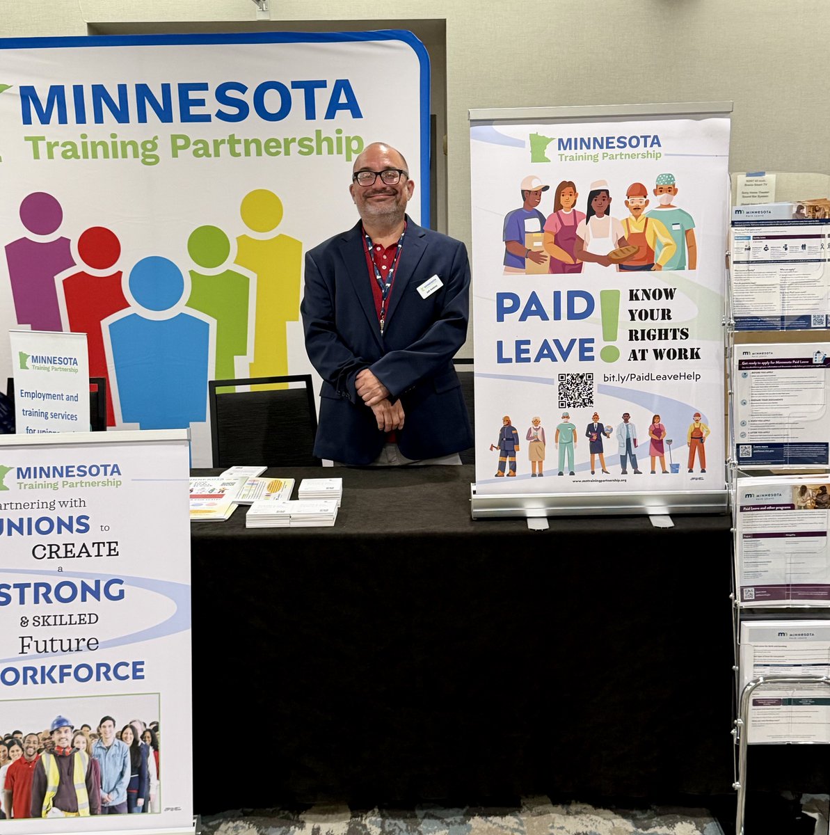 MNTrainPartner's tweet photo. It’s #WorkplaceRightsWeekMN! MTP is at the @MNAFLCIO  Constitutional Convention today sharing info &amp; resources about PaidLeave. Learn about your workplace rights &amp; events here 👉https://t.co/9cNuCqBIlp @mndli 
#WorkplaceRightsWeekMN #MNWorkplaceRights #KnowYourRights #PaidLeaveMN https://t.co/v8GYoca4AF