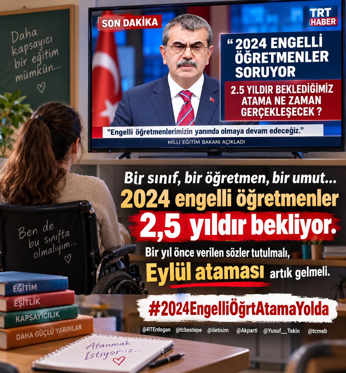 alkan387857's tweet photo. Bir sınıf, bir öğretmen, bir umut…
2024 engelli öğretmenler 2,5 yıldır bekliyor.
Bir yıl önce verilen sözler tutulmalı, Eylül ataması artık gelmeli.

@RTErdogan @tcbestepe @iletisim @Akparti @Yusuf__Tekin @tcmeb
#2024EngelliÖğrtAtamaYolda https://t.co/rYgVADb7Ej
