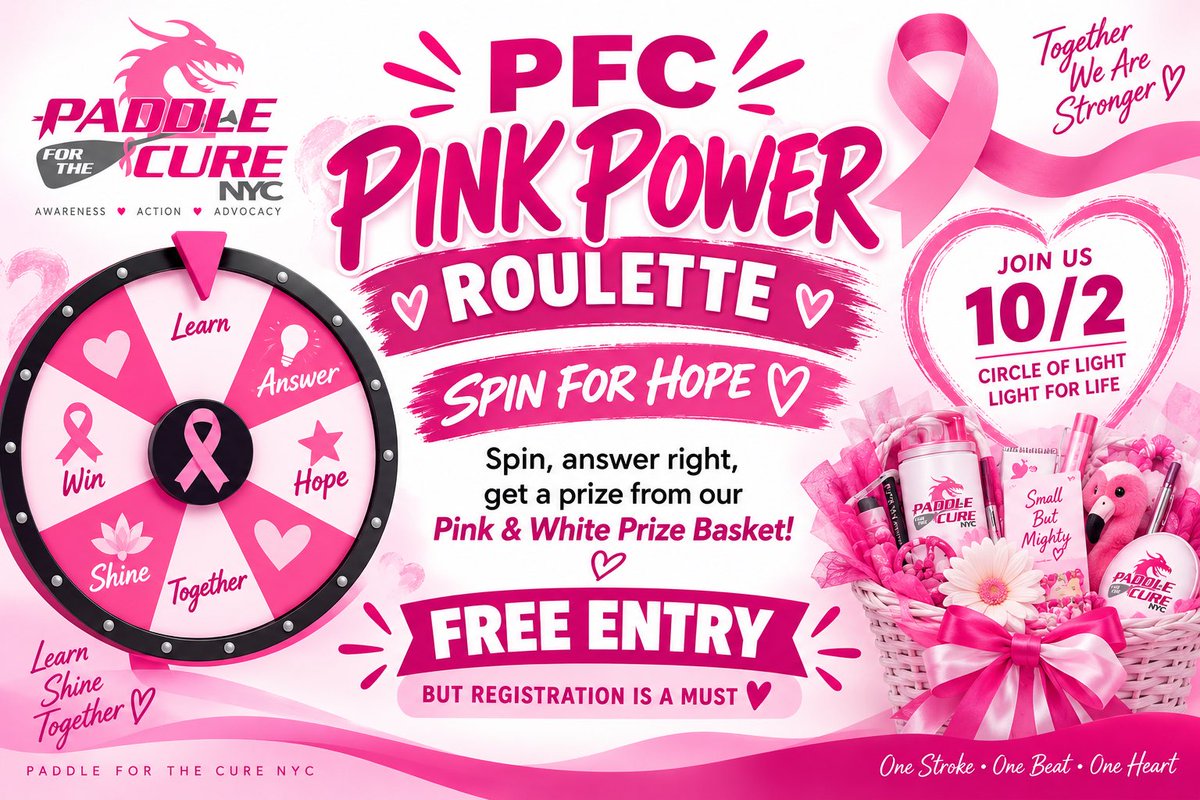 paddlecures's tweet photo. PFC PINK POWER ROULETTE β 10/2
Spin β’ Answer β’ Learn β’ Shine β¨
Answer right and win a surprise prize! FREE ENTRY β’ Registration required
Register below :
https://t.co/VCgYWeivc2
#PinkPowerRoulette #BCAM #PaddleForTheCureNYC https://t.co/Ha8FqQPgj5
