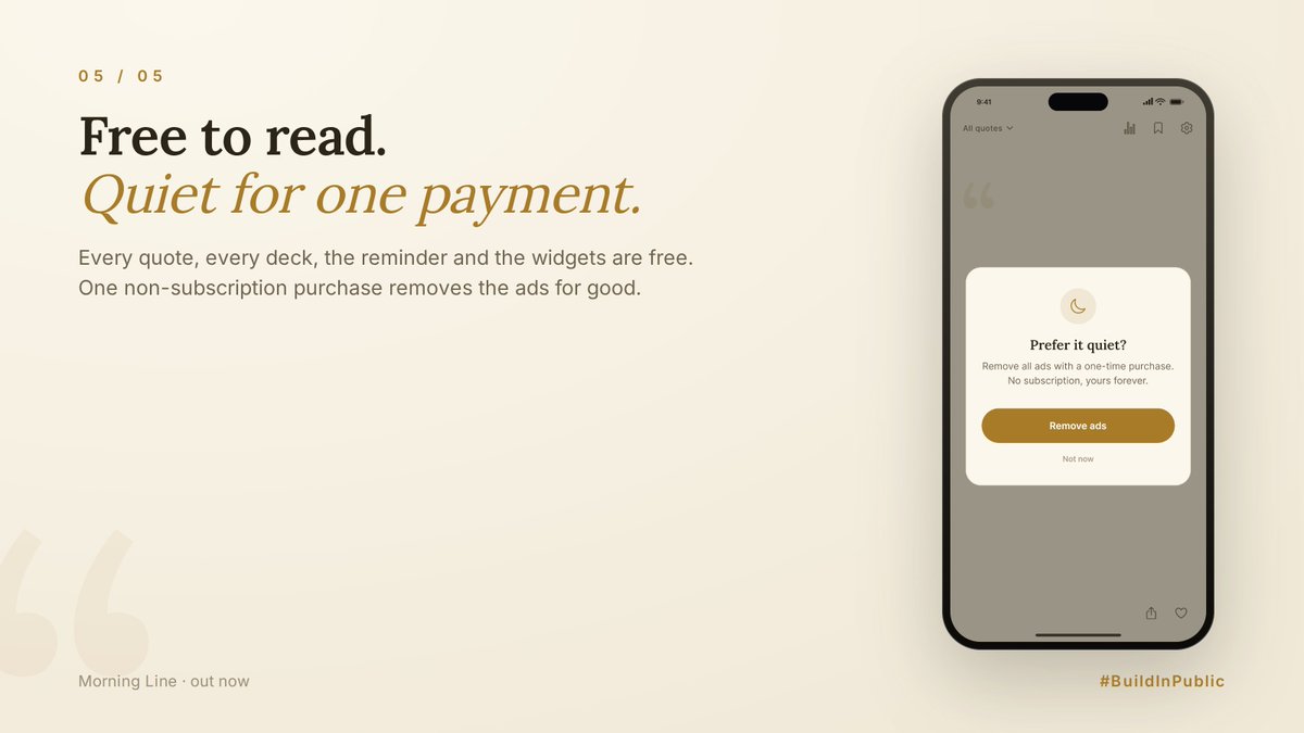 Radiator1305's tweet photo. Free to read, one payment to remove the ads, no subscription anywhere in the app.

Subscription fatigue is real and we did not want to add to it.

#BuildInPublic https://t.co/LOyGG6K6qK