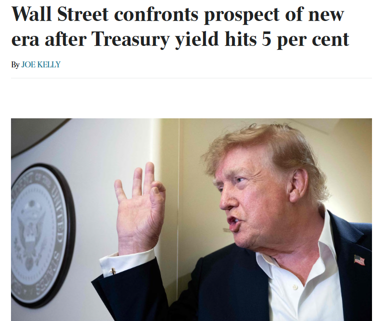 KokChoyW's tweet photo. America just punched through 5 per cent on the 10-year Treasury.

Again.

Last time was 2023. This time the 30-year has hit 5.38 per cent — a level not seen since 2007.

In a fortnight the 10-year has ripped from below 4.7 per cent to over 5 per cent. Oil is surging. Inflation is still sticky. And the new Fed chair, Kevin Warsh, is being told to hike rates with the midterms eight weeks away.

Washington is now financing its vast deficits at the highest long-term borrowing costs in nearly two decades.

The bill lands on everyone else.

New homebuyers are paying nearly 7 per cent on mortgages. Other loans are worse. Firms that wanted to invest now think twice. Growth slows. Ordinary Americans end up poorer than they needed to be.

If rates stay even 80 basis points above the official forecasts, interest on the national debt hits $2.7 trillion a year by the end of the decade.

That’s more than Medicare. More than Social Security retirement benefits.

Interest begets debt. Debt begets interest. Eventually the spiral takes over.

A fiscal crisis used to be “unthinkable”.

It isn’t any more.

When the bond market starts writing fiscal policy, who do you reckon blinks first?