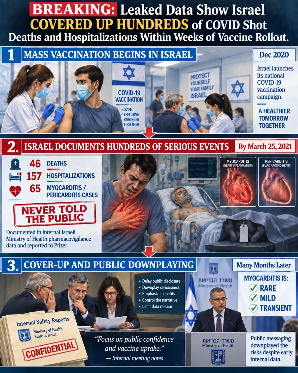 P_McCulloughMD's tweet photo. BREAKING: Leaked Data Show Israel Covered Up HUNDREDS of COVID Shot Deaths and Hospitalizations Within Weeks of Vaccine Rollout

The cover-up of COVID-19 “vaccine” deaths, injuries, and disabilities appears to have been a coordinated GLOBAL OPERATION. by Nicolas Hulscher, MPH.  URL TheFocalPoints.  @NicHulscher @McCulloughFund @YaakovOphir