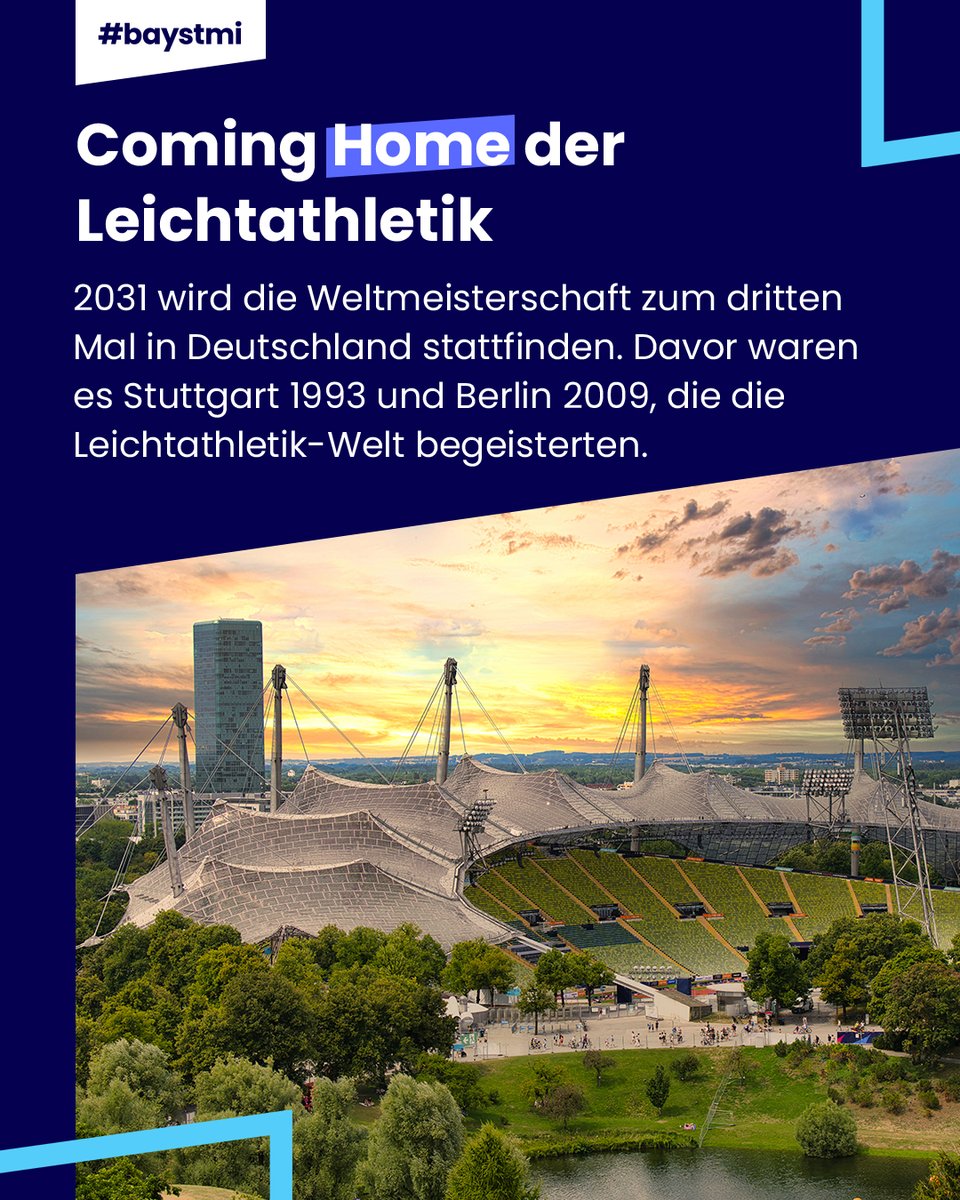 BayStMI's tweet photo. 🏟️ Die Leichtathletik-WM 2031 kommt erstmals nach München! 🌍 Athletinnen und Athleten aus über 200 Verbänden treten im Olympiapark an. #Bayern|s Sportminister Joachim Herrmann: „Das ist ein großartiger Erfolg und ein starkes Signal für den Sportstandort Bayern.“ 💙🤍 #baystmi https://t.co/pmqEKBs8hg