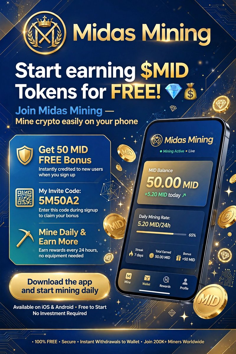 asimmehmoodasi's tweet photo. π¨ Earn $MID for FREE! πΈ
> Iβm mining on Midas Mining π± Get 50 MID FREE with code: *5M50A2*
> π Download: https://t.co/PiuF6U4ELP
> Start mining daily! βοΈπ #MidasMining https://t.co/aMsfDPr1VW