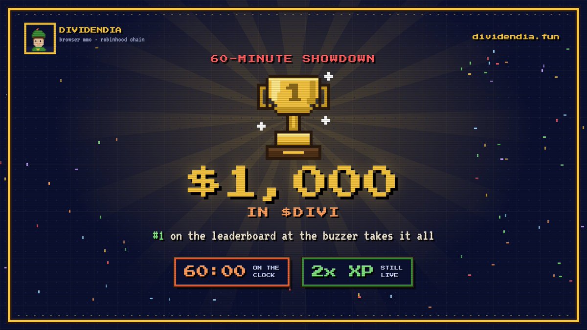 divdendia's tweet photo. Leaderboard war starts right now. ⚔️

One hour from this post, whoever is sitting on top of the weekly XP board wins $1K worth of $DIVI, paid out at the market price when the hour ends. No entry, no forms. Just be #1 when time runs out.

The top of the board is close, and every kill counts twice right now, so one good hour can flip the lead. Bosses, Wilderness mobs, skilling, it all adds up.

Watch the race live:
https://t.co/EsTvO8WiwW

Winner announced the moment the hour ends. Go.