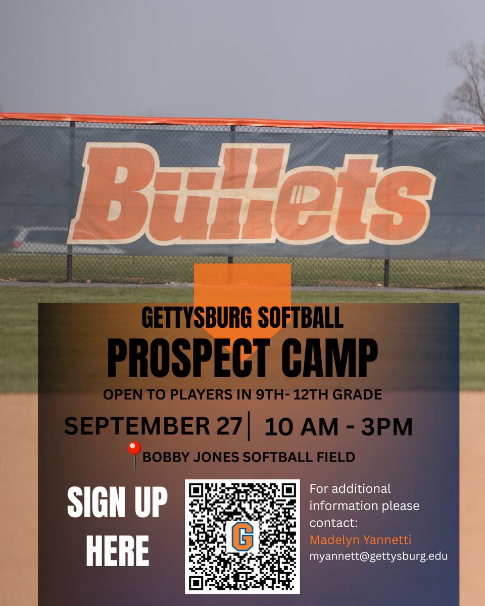 Gburg_softball's tweet photo. GETTYSBURG BULLETS PROSPECT CAMP🚨

There is still time to sign up!
Scan the QR code or click the link to sign up.

https://t.co/4zzf6pNrDd https://t.co/mgtJJe0RdG
