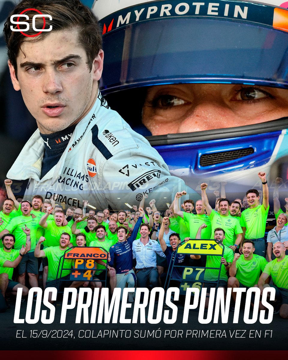 SC_ESPN's tweet photo. 🇦���� ¡HACE DOS AÑOS, UN ARGENTINO VOLVIÓ A HACER HISTORIA EN LA FÓRMULA 1!

👏 El 15 de septiembre de 2024, Franco Colapinto, de la mano de Williams, consiguió sus PRIMEROS PUNTOS en la categoría al quedar 8° en el #AzerbaijanGP y fue el primero del país en lograr algo así después de ¡42 AÑOS!

🔙 Carlos Reutemann había sido el último argentino en sumar unidades: lo hizo en el Gran Premio de Sudáfrica del 23 de enero de 1982 con un segundo puesto, detrás de Alain Prost

📺 Toda la temporada de #F1 por #DisneyPlus Plan Premium