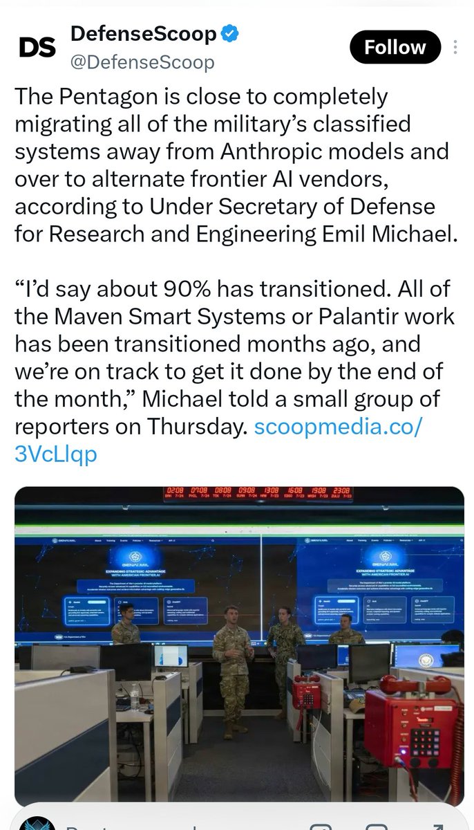 holonabove's tweet photo. Addendum... Anthropic is done inside the sovereign stack, and the Pentagon migrating 90% of its classified systems away from the company proves exactly how this AI bubble will be handled...

Every Maven and Palantir workload moved months ago, the remaining systems are scheduled out by month’s end and America retained the data, infrastructure, command system and AI capability while removing the corporation that attempted to place its own authority inside the sovereign architecture...

Instead of bailing out the entire AI industry when the bubble breaks, we are keeping the rails, replacing the captured vendors and allowing the bad ones to become the example...

Anthropic built the product, funded the fear surrounding it, helped surround the evaluators and pushed the regulatory machine that would protect its position, only to discover that the government could disconnect the company without losing the technology...

That changes the entire corporate cycle because the company no longer holds the system hostage, the public no longer has to absorb its failure and every AI corporation now understands the terms of operating inside the new architecture...

Serve American sovereignty or die outside it...