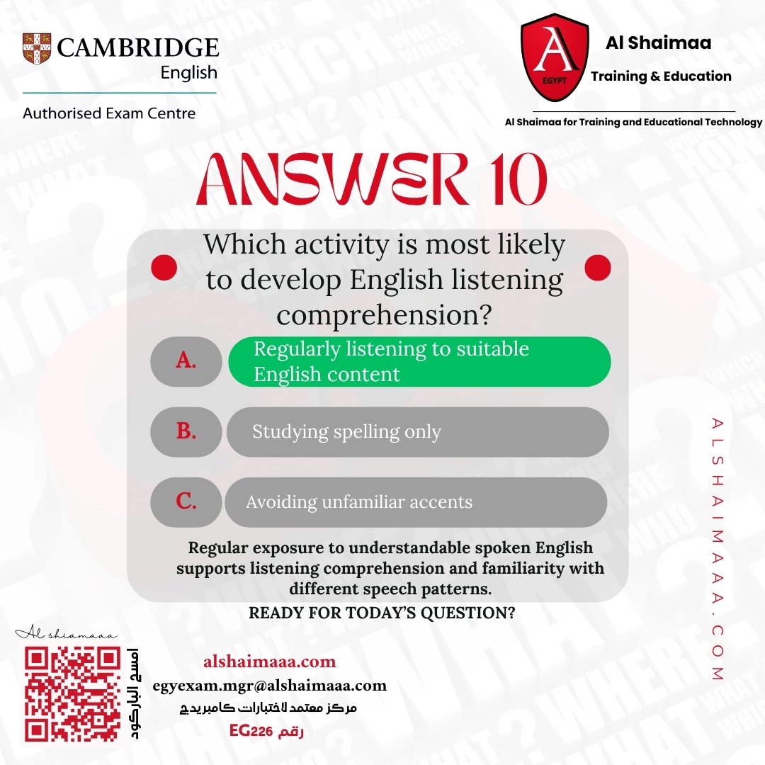 ALshaimaaEg's tweet photo. 🎯 الإجابة الصحيحة في Quiz 10 هي:

A️⃣ Regularly listening to suitable English content ✅🎧

الـ Listening مش بيتطور بالحفظ بس… السر في إنك تسمع إنجليزي بشكل منتظم، وبمحتوى مناسب لمستواك، ومع الوقت هتبدأ تفهم أكتر وتتعوّد على طرق النطق المختلفة. 💪🔥

مستعد لـ Quiz 11؟ 👀 https://t.co/K29Yy3CunB