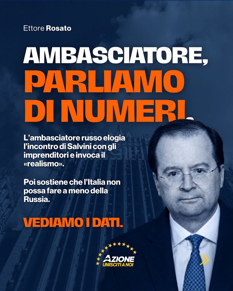 Ettore_Rosato's tweet photo. L’ambasciatore russo a Roma dice che l'incontro di ieri a Milano tra Salvini e alcuni imprenditori segna "un ritorno al realismo e al buon senso", aggiunge che l'energia russa non è sostituibile e l'export italiano non ha trovato nuovi sbocchi dopo la Russia.
Siccome il realismo mi piace davvero, sono andato a prendere i dati ufficiali di Eurostat, anno per anno, dal 2016 a oggi. Di cose false l'ambasciatore ne ha dette, mi fermo sulle due che fanno più rumore.
1) l'export italiano in Russia valeva poco e continua a valere poco. Prima della guerra pesava 1,6% delle nostre vendite nel mondo, oggi 0,58%. Nel frattempo l'export italiano complessivo è passato da 521 a 643 miliardi di euro: +122. Per ogni euro che abbiamo perso a Mosca ne abbiamo guadagnati trentuno altrove. Gli sbocchi, evidentemente, li abbiamo trovati. Chi racconta agli imprenditori che il futuro passa da Mosca non si occupa delle imprese italiane ma degli interessi di Putin.
2) l'energia russa l'abbiamo sostituita. Da quasi 30 miliardi di metri cubi di gas russo l'anno a quasi zero, senza un solo giorno di razionamento e con bollette oggi molto più basse di quelle del 2022. Quanto ai "prezzi accessibili" che l'ambasciatore rimpiange: nel 2022, quando il fornitore era ancora il suo Paese, quel gas ce lo hanno fatto pagare 1.511 euro a tonnellata contro i 241 del 2016: sei volte tanto. E se qualcuno obietta che nel 2022 il gas costava caro a tutti, la risposta è che costava caro a tutti proprio perché Mosca chiudeva i rubinetti per ricattare l'Europa. Chiamarli accessibili richiede una certa faccia tosta.
L'Italia vive bene anche senza la Russia. È un dato, non un'opinione.
Poi sia chiaro: a me le guerre non piacciono, nemmeno quelle commerciali. Se potessi scegliere, commercerei con tutti, Russia inclusa che comunque era un mercato interessante. Ma questa guerra non l'abbiamo cominciata noi: l’ha voluta Putin e la continua Putin. Le sanzioni non sono troppe, sono ancora poche.
E mi dispiace sinceramente per il popolo russo, che di questa storia è la prima vittima e ha la sfortuna di essere governato da un dittatore.
I numeri sono questi, ambasciatore. Sono pubblici, li può controllare anche lei.