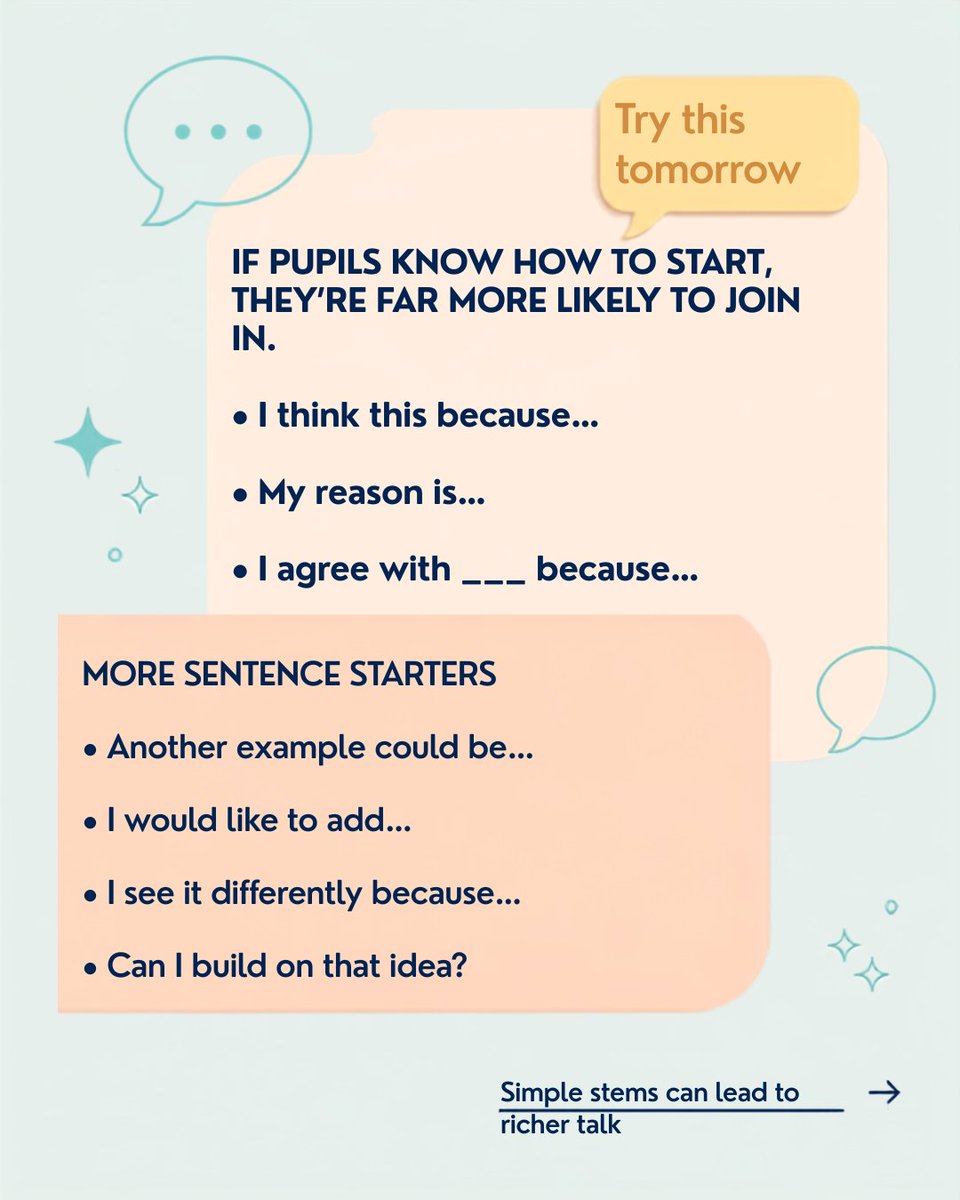 oracyspark's tweet photo. A simple oracy tip for tomorrow:

If pupils know how to start, they’re much more likely to contribute.

Try:
“I think this because…”
“I agree because…”
“Another example could be…”
Simple sentence stems can lead to much richer talk.

#Oracy #KS2 #TeachingTips https://t.co/PpnL9uH96o