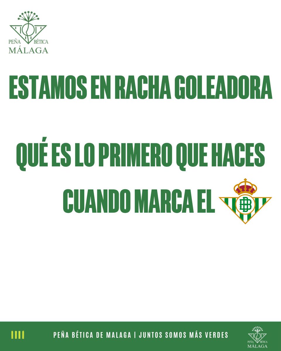 pbeticamalaga's tweet photo. No vale decir “celebrarlo”. 😂

📱 ¿Mandas 25 WhatsApps?
🗣️ ¿Gritas como si estuvieras en el Villamarín?
🏃 ¿Sales corriendo por toda la casa?
😭 ¿Lloras?
🍻 ¿Invitas a una ronda?

¿Cuál es tu ritual? 👇

Y si lo vives en La Tribuna, queremos saberlo también. 💚 https://t.co/UFu9umXu6W