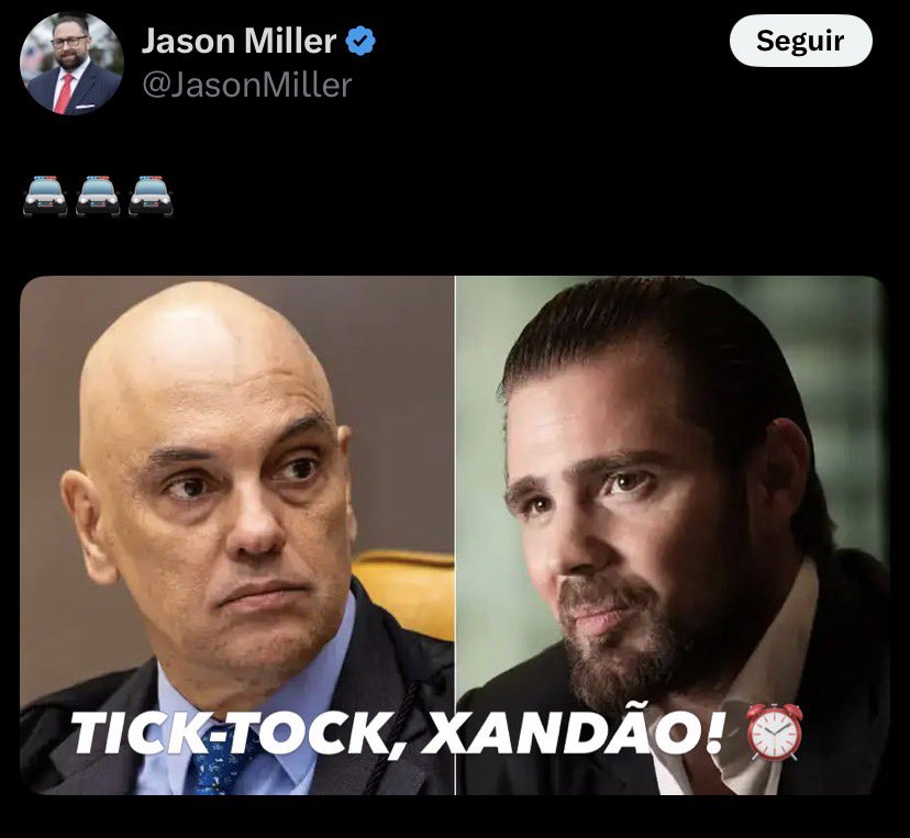 meioindep's tweet photo. 🚨VEJA: No dia do julgamento que pode abrir investigação contra Alexandre, assessor de Trump posta: “Tick tock, Xandão!” https://t.co/V3G33BIjgJ