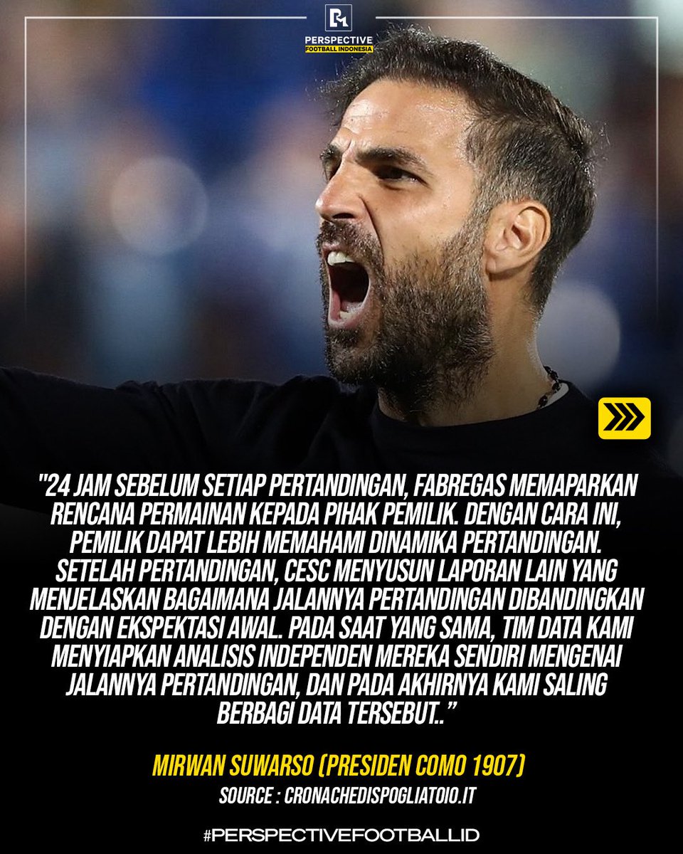 Persfootball's tweet photo. 🚨SEBELUM TANDING, WAJIB PERSENTASI TAKTIK KE PEMILIK KLUB! 🇮🇹😅

Presiden Como 1907, Mirwan Suwarso mengatakan bahwa pelatih Cesc Fabregas selalu mempersentasikan cara bermain tim di setiap 24 jam sebelum bertanding.👨‍🏫👀

Fabregas juga wajib menyiapkan laporan seusai pertandingan, karena laporan tersebut akan digunakan oleh tim analis dan kedua pihak saling berbagi data. 📊🙏🏻