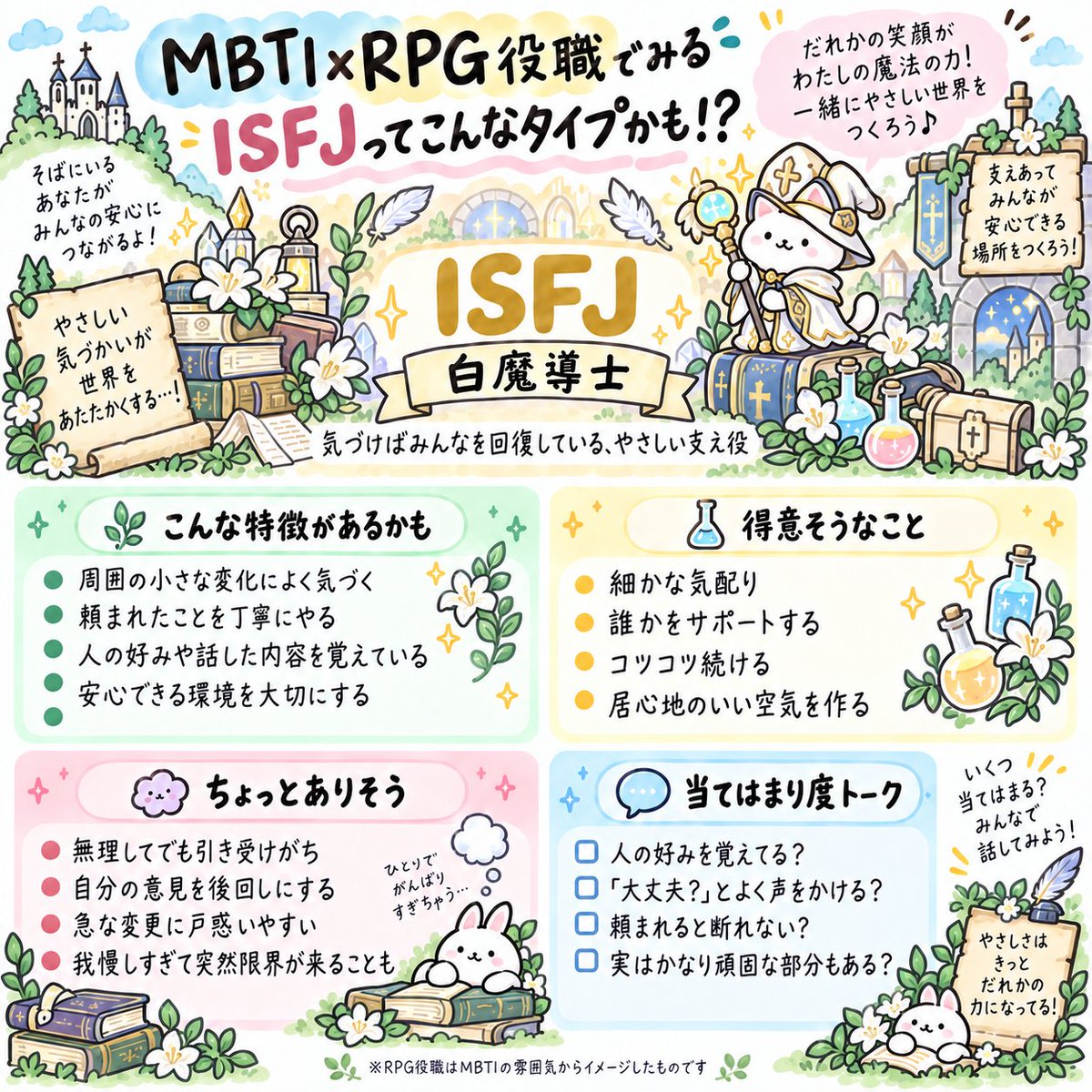 sui_type16's tweet photo. 次は、SJ組。

ISTJ＝守護騎士
ISFJ＝白魔導士
ESTJ＝騎士団長
ESFJ＝僧侶
守り方も、支え方も、
役職にすると少し違って見えてきます。
パーティーにいてほしいのは誰？
（3/4） https://t.co/1i6hCEm1AG
