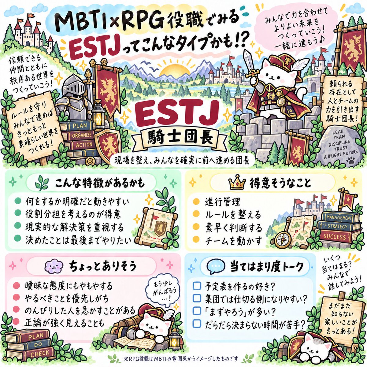 sui_type16's tweet photo. 次は、SJ組。

ISTJ＝守護騎士
ISFJ＝白魔導士
ESTJ＝騎士団長
ESFJ＝僧侶
守り方も、支え方も、
役職にすると少し違って見えてきます。
パーティーにいてほしいのは誰？
（3/4） https://t.co/1i6hCEm1AG