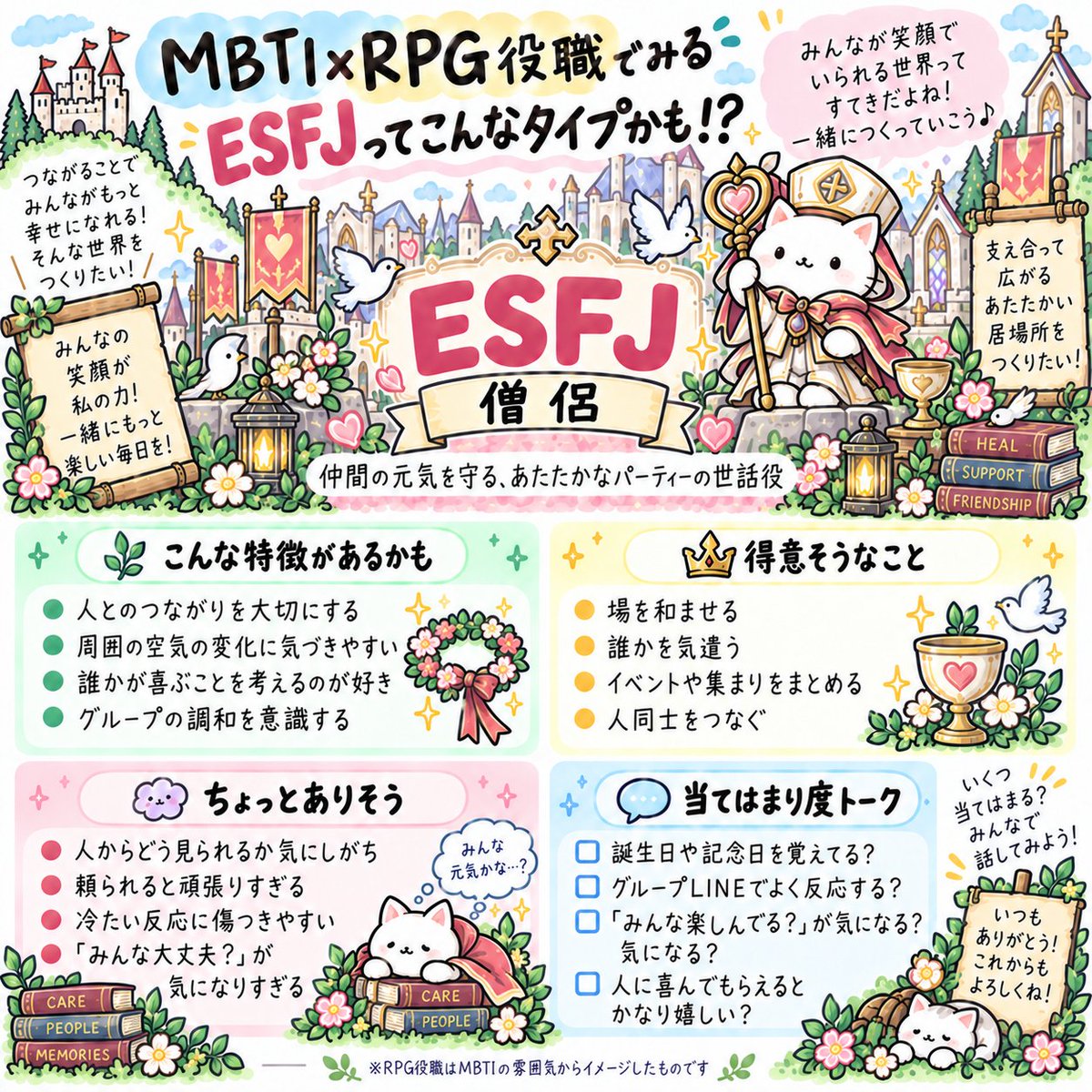 sui_type16's tweet photo. 次は、SJ組。

ISTJ＝守護騎士
ISFJ＝白魔導士
ESTJ＝騎士団長
ESFJ＝僧侶
守り方も、支え方も、
役職にすると少し違って見えてきます。
パーティーにいてほしいのは誰？
（3/4） https://t.co/1i6hCEm1AG